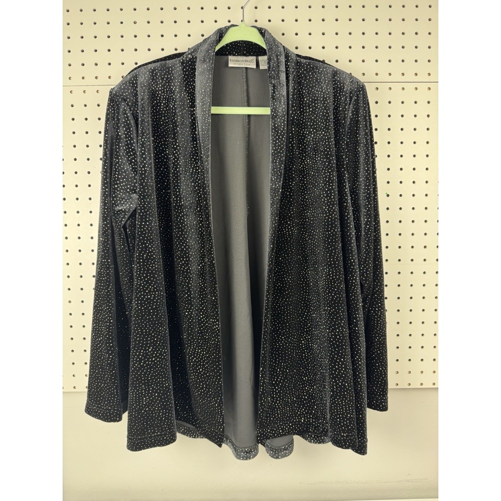 Y2K Sparkle Foil Dot Velvet Jacket 14/16W Black Glam Open Front Fashion Bug